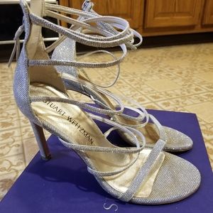 Stuart Weitzman Myex Shimmery Silver Strappy Heels Sandals Size 6.5 Pre-owned
